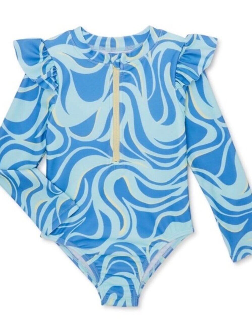 Wonder Nation Long Sleeve Blue/Turq Ruffle One Piece Swimsuit, 12 Months